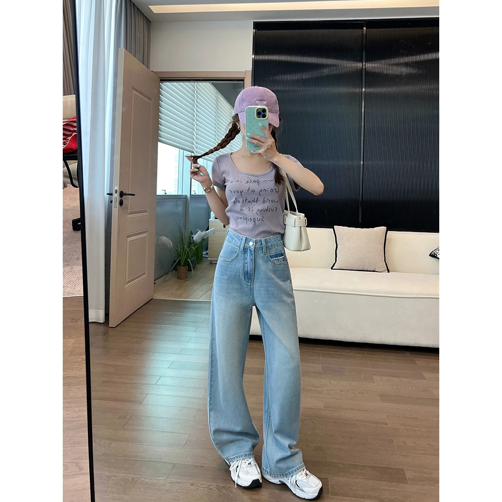蓝色复古时尚设计感阔腿牛仔裤显瘦宽松垂坠2025春夏新款38006