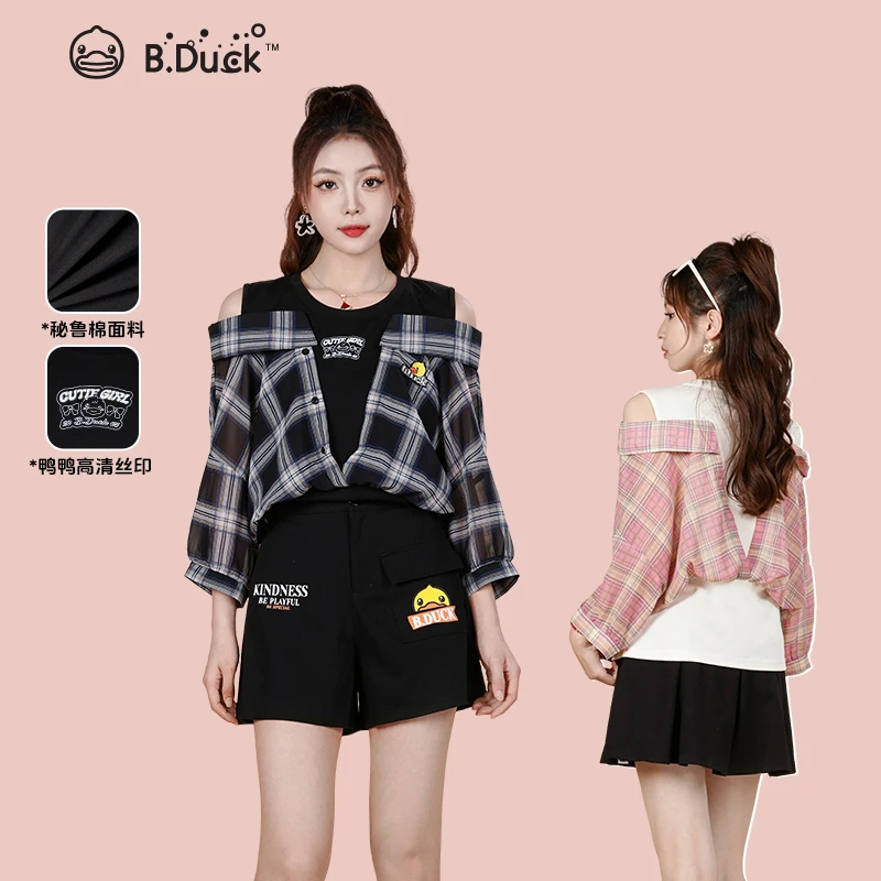 B.Duck小黄鸭2025夏季新款宽松休闲格纹假两件拼接内搭衬衫上衣