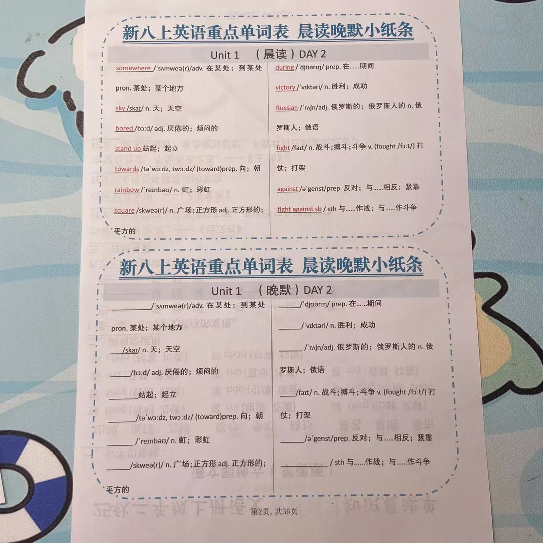 2025秋季新人教八年级上册1-8单元英语重点单词表晨读晚默小纸条
