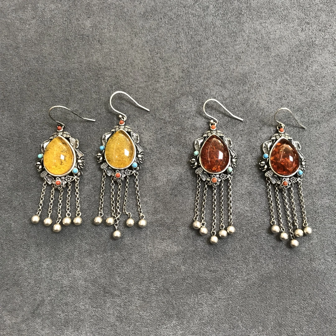 【欣妈珠宝】琥珀耳钩925银#6046（多样性发一）