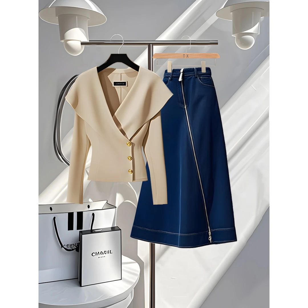 春季新款夏季高端气质燕麦色衬衫上衣小个子a字牛仔半身裙套装