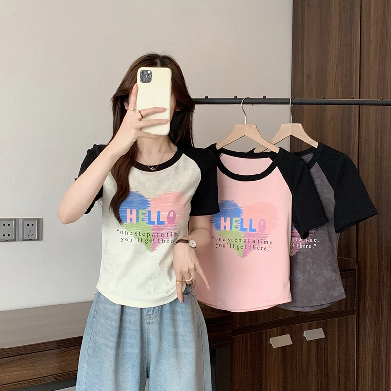 2025夏装新款胖mm大码女韩版撞色印花爱心插肩短袖T恤