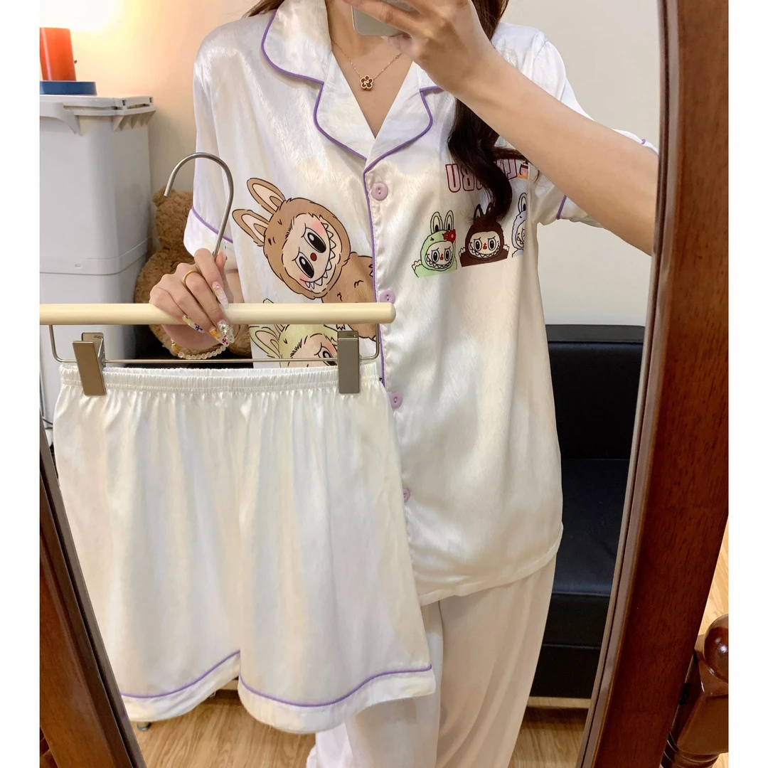 拉布布冰丝睡衣夏季女三件套薄款冰雪丝可爱卡通带胸垫家居服套装