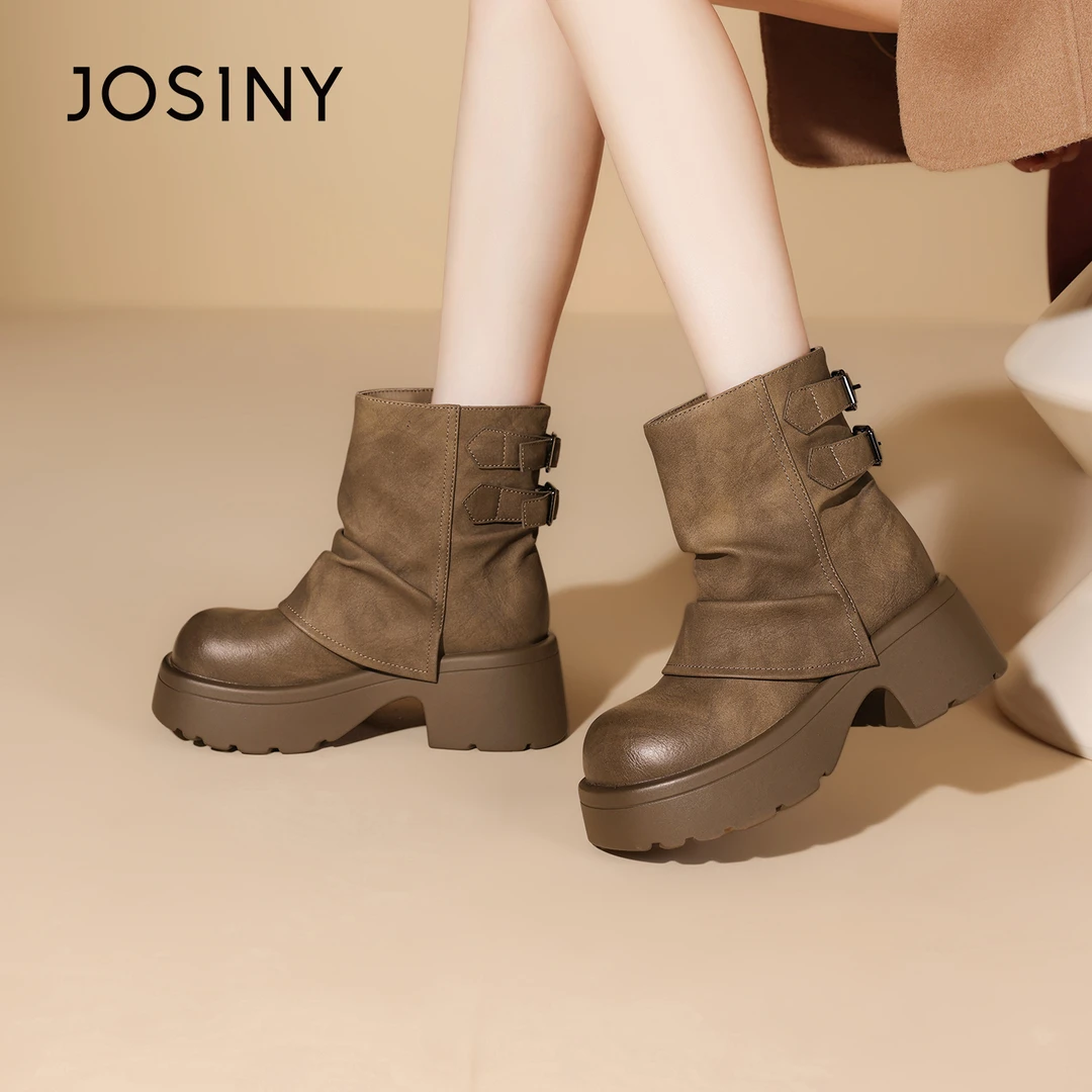 卓诗尼厚底马丁靴冬季新款中筒复古显瘦时尚粗跟增高休闲百搭女靴