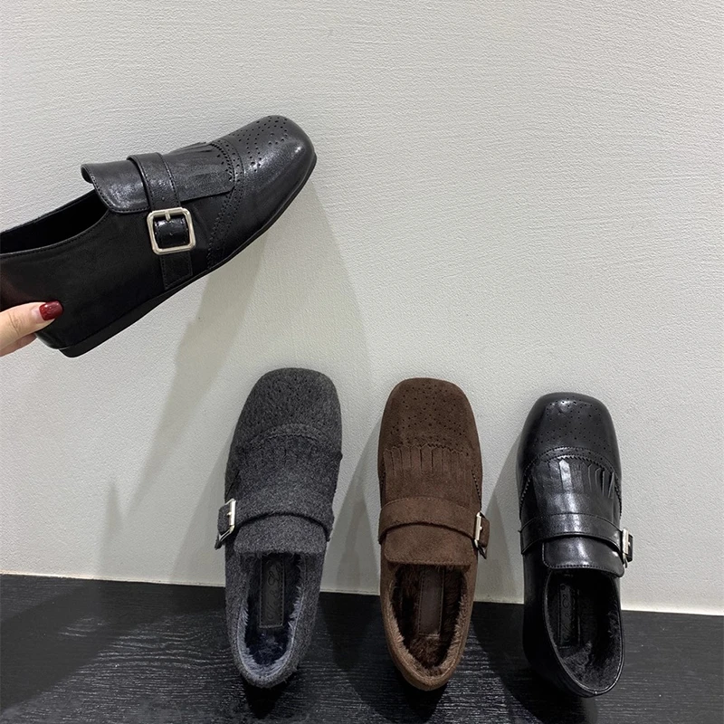 内增高！布洛克风流苏小皮鞋女秋冬毛毛鞋小众复古加绒单鞋乐福鞋