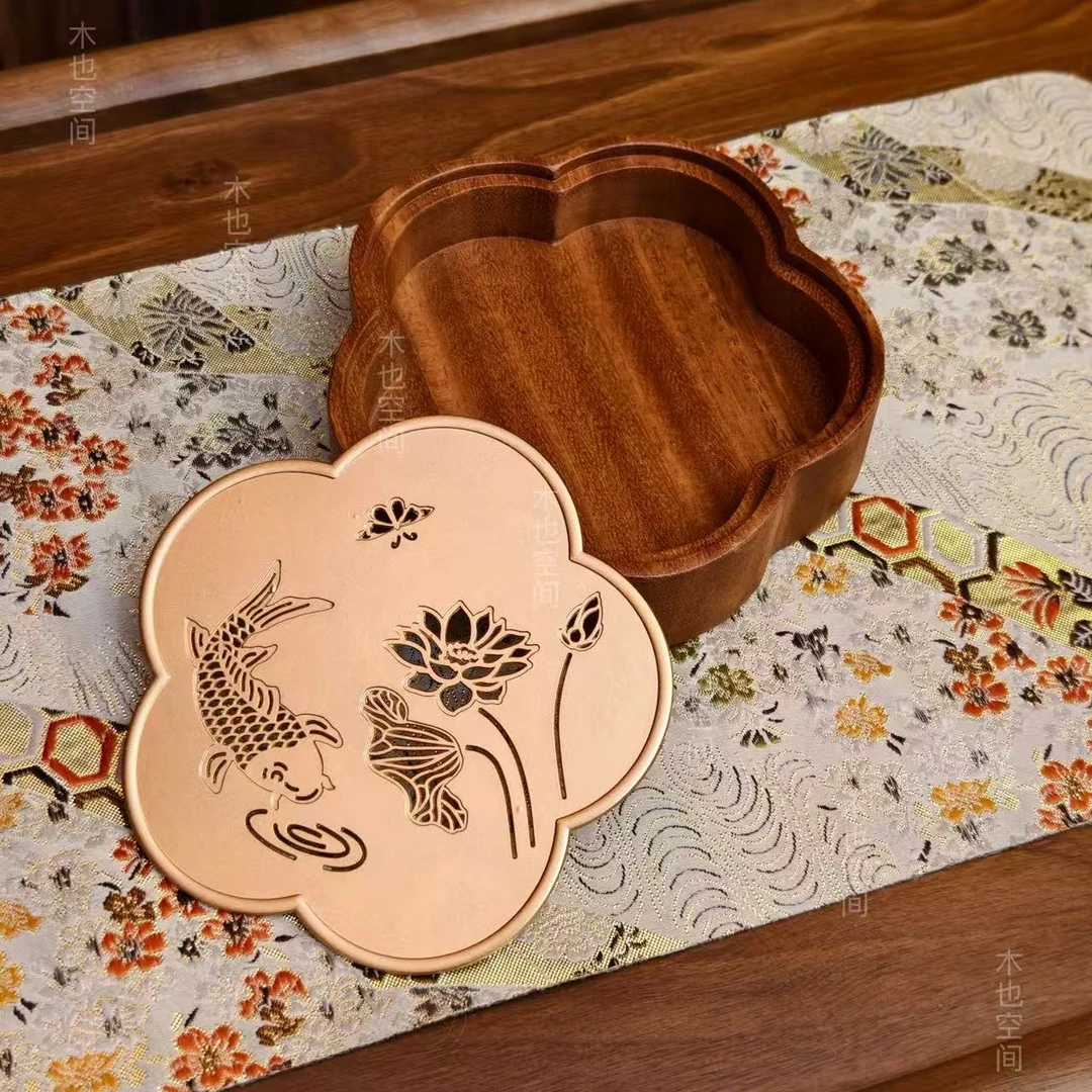 【荷韵锦鲤】锦鲤桃花壶承整木南美胡桃木储水茶盘香炉15*15HTHC-22