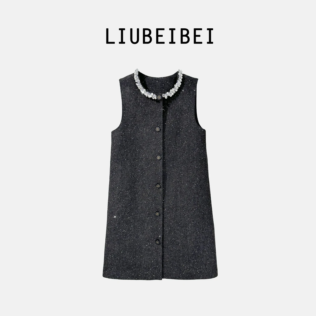 LIUBEIBEI[星河灿烂]小香风钉珠领边单排扣粗花呢细闪连衣裙-8510