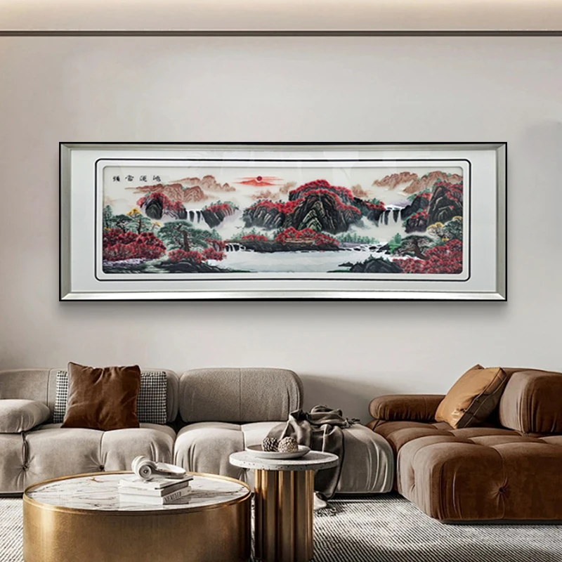 益师傅刺绣 高端立体实物钢化玻璃挂画 客厅沙发背景墙山水 80230