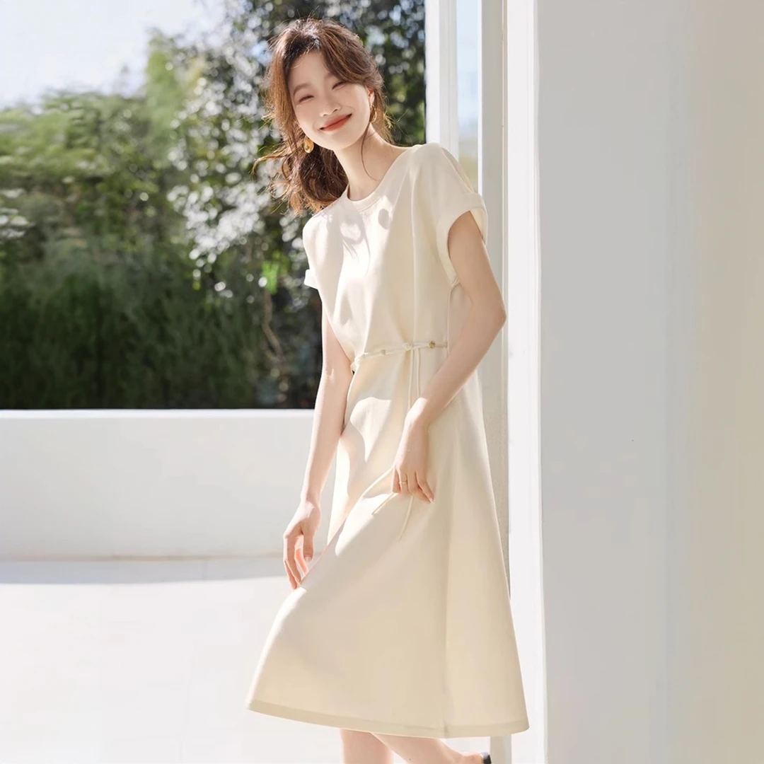 2025夏季新款女轻国风休闲感T恤式连衣裙百搭显瘦短袖中长款裙子