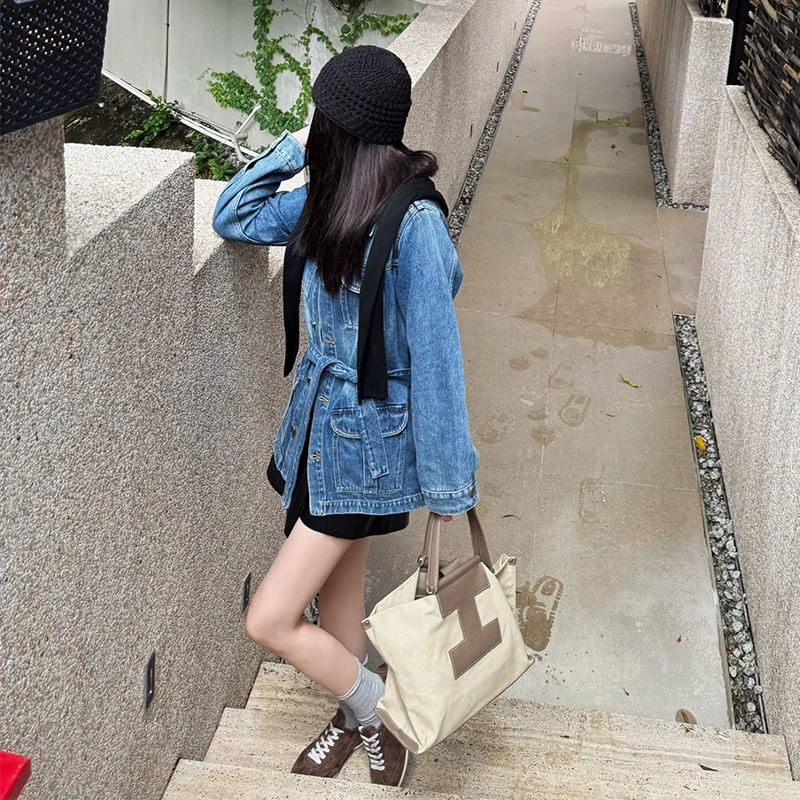 【现货运费险】秋装新款轻奢系带复古水洗做旧收腰牛仔休闲夹克上衣