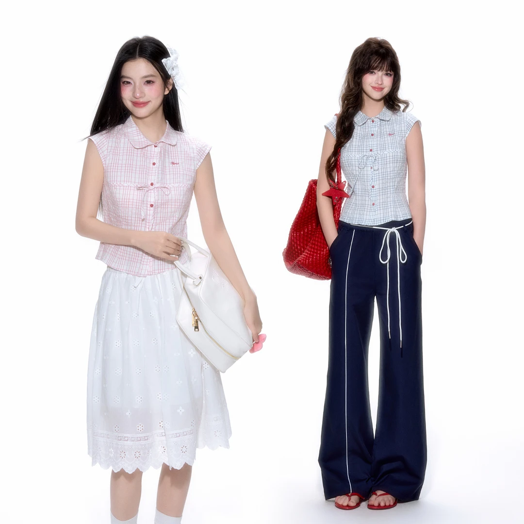 FPMZ【官方】小飞袖娃娃领撞色扣格子衬衫夏收腰绑带短袖T恤上衣