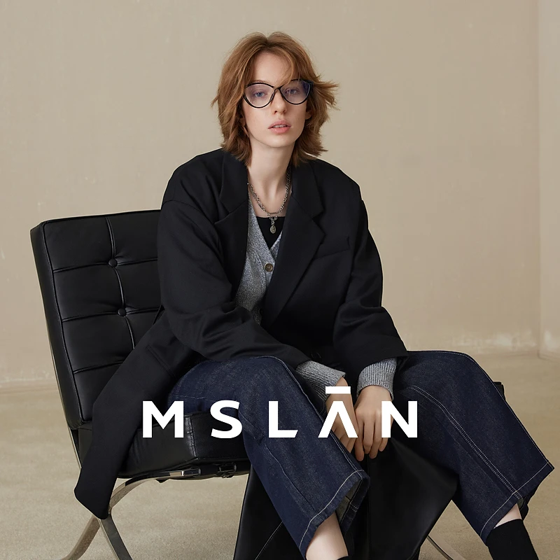 MSLAN【商场同款】都市通勤黑色女设计感开衩西装外套MECM2505