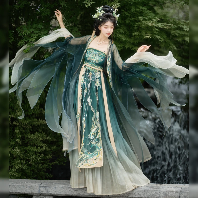 花仙鹤新款原创【玄凤】夏季正品女汉服破烂袖南北朝款一片式诃子裙