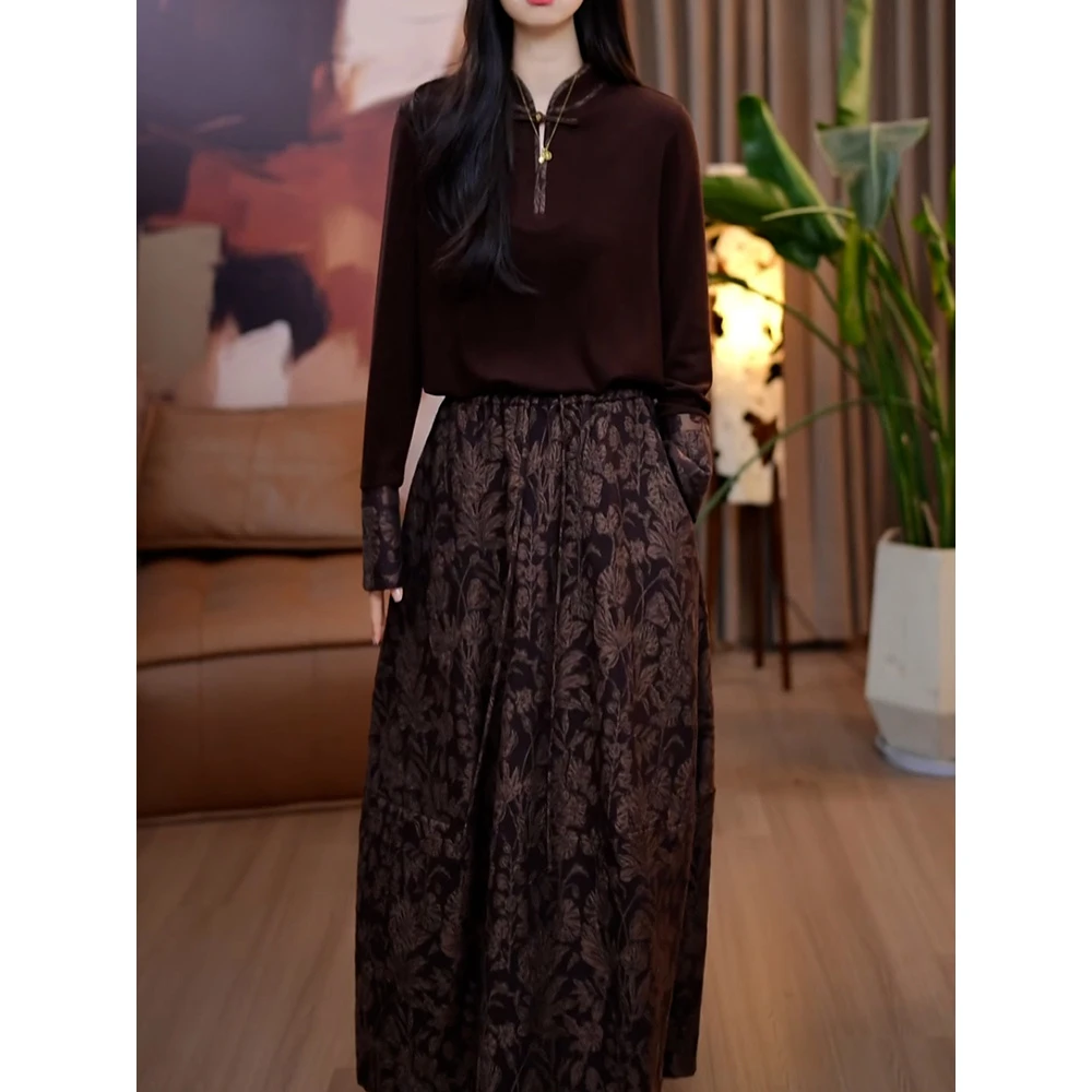 高级感轻奢裙套装2025冬季新款文艺风百搭长袖针织衫+印花半身裙