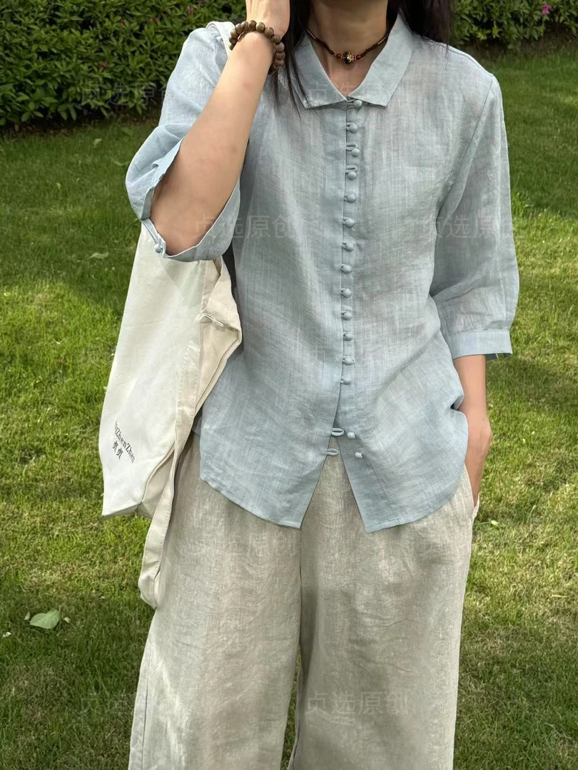 1304-苎麻衬衫女长袖宽松显瘦复古立领打底上衣