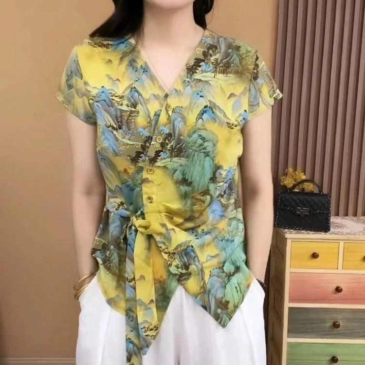 女士印花中式印花V领T恤常规复古夏季短袖遮肚子V领大码碎花显瘦