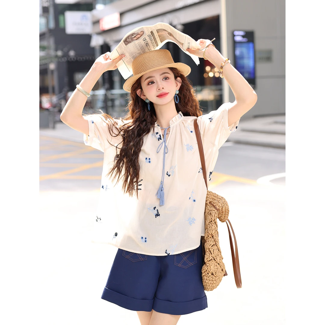 陈大器【白榆映蓝】复古港风刺绣夏季短袖T恤休闲上衣JP1665122