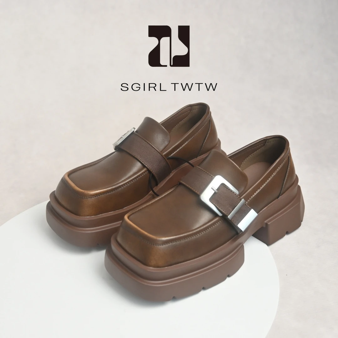 SGIRL TWTW复古方头厚底乐福鞋2025新款户外百搭一脚蹬小皮鞋女单