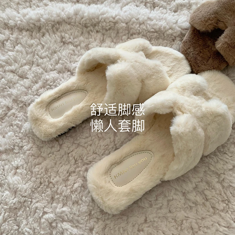 精致！温柔！老钱风格~INS仙女晚晚风毛毛拖鞋秋冬软糯慵懒一字拖鞋
