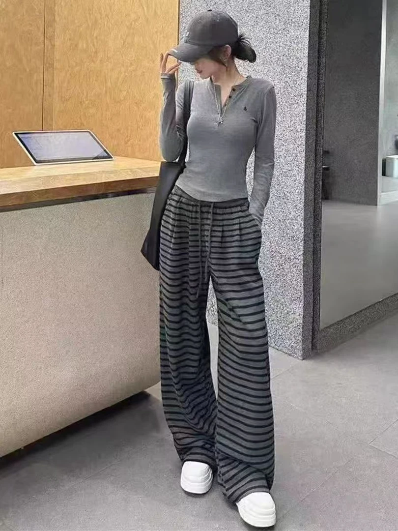2025新款慵懒感松紧腰抽绳直筒条纹女宽松显瘦百搭阔腿裤88392