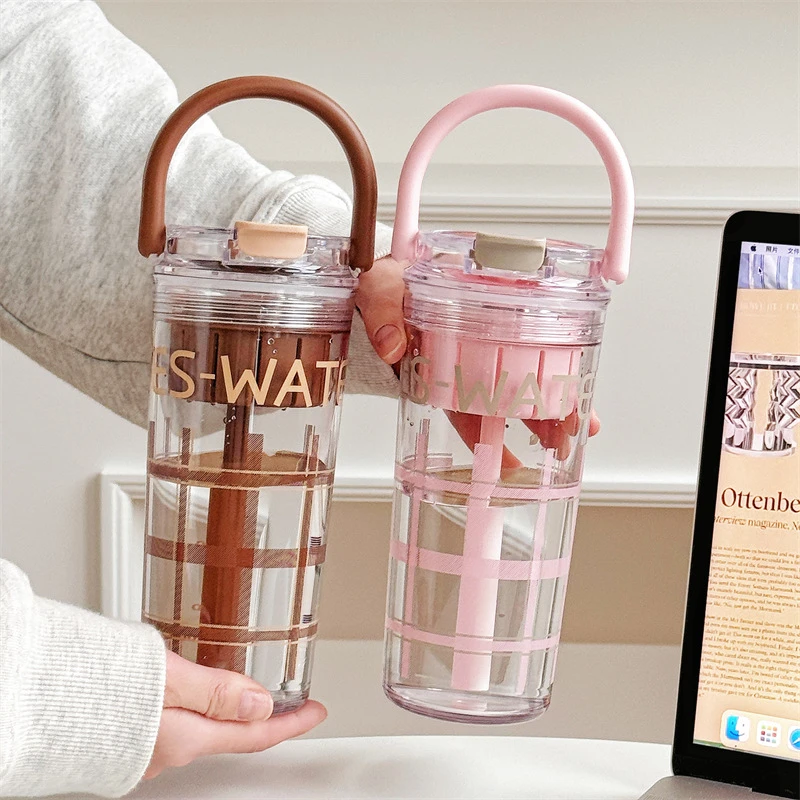 格纹提手便携吸管杯夏季TRitan水杯女生高颜值耐高温塑料杯带刻度