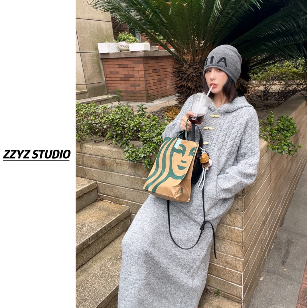 【ZZYZ】“卡普里岛”设计感小众牛角扣麻花连帽毛衣气质慵懒加厚上衣