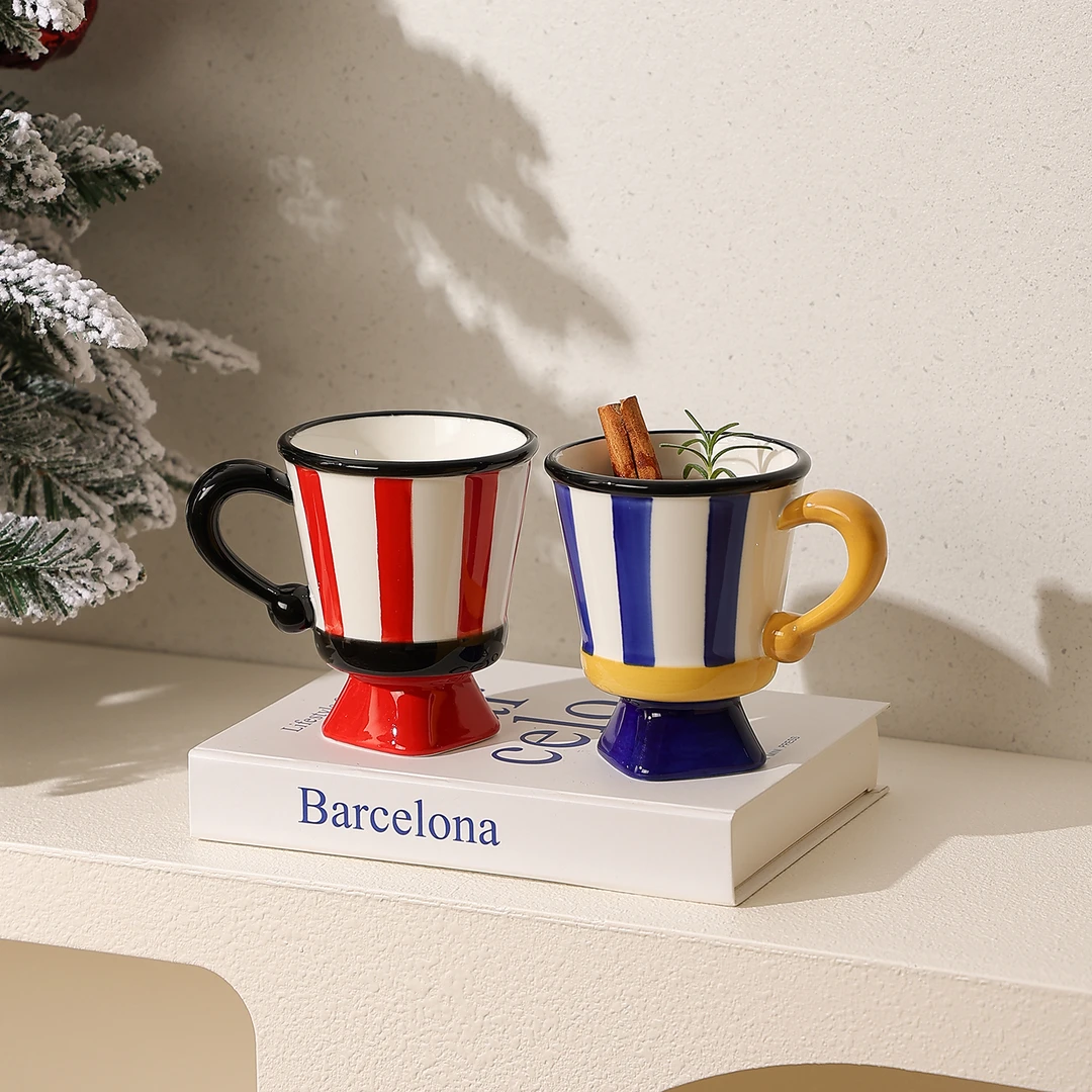 复古条纹马克杯陶瓷釉下彩家用小众高脚咖啡杯子女生高颜值ins风