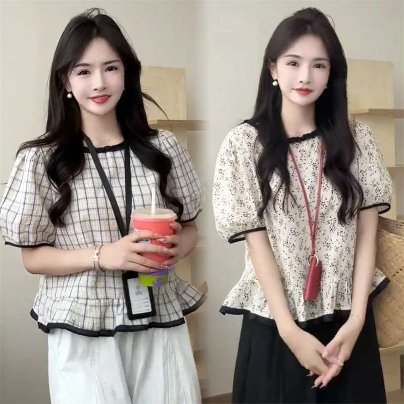 设计感小众碎花格子薄款拼接圆领衬衣女小众减龄短袖上衣2025夏季