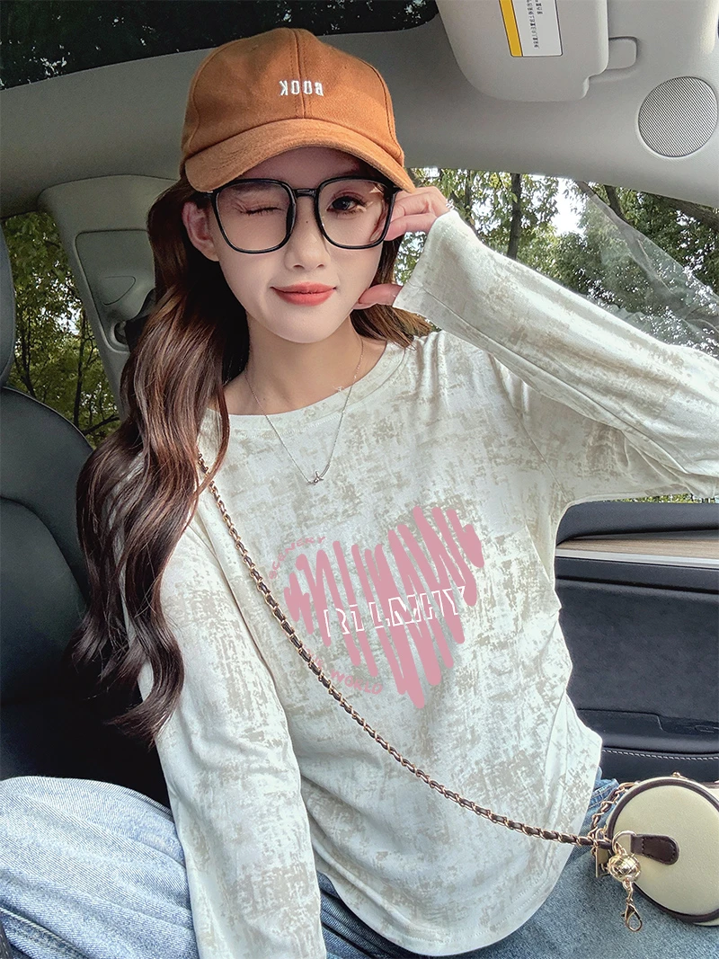 不规则扎染褶皱时尚T恤女秋季爆款韩版小众洋气大码百搭长袖上衣