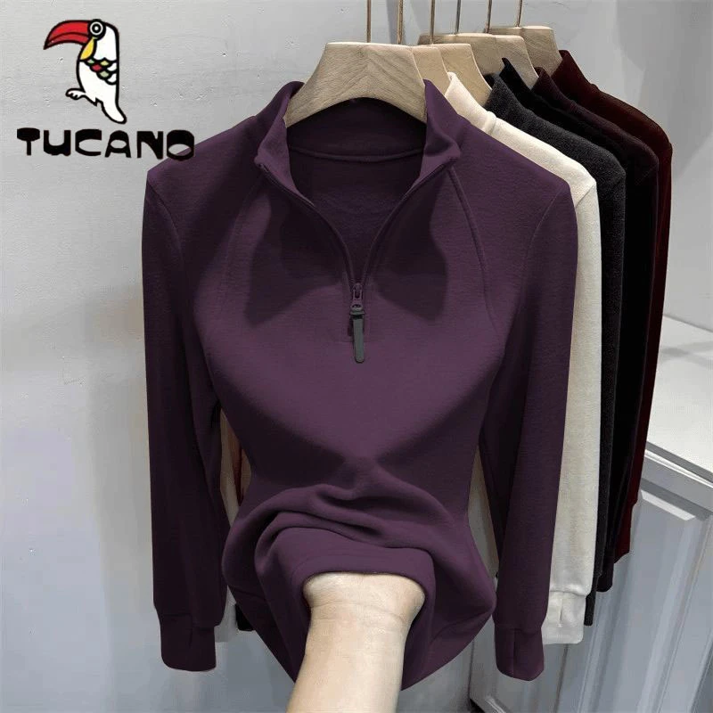 啄木鸟秋季新款简约德绒上衣内搭气质半拉链纯色减龄小众打底衫女