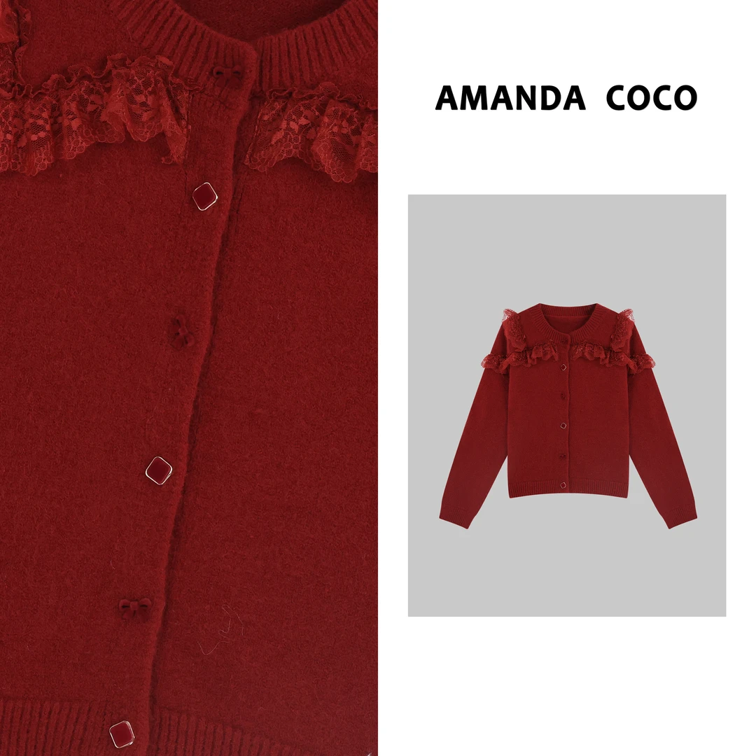 KEY# 小众设计~高定气质拼接蕾丝毛衣