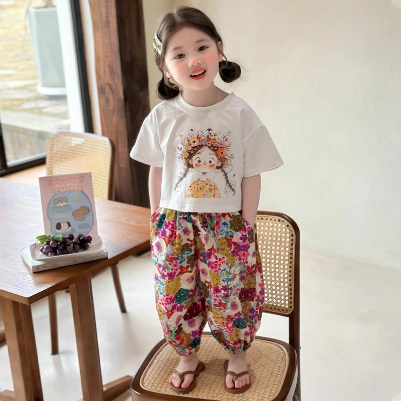 女童套装夏季韩系新款儿童纯棉花朵裤女宝宝薄款短袖防蚊裤两件套