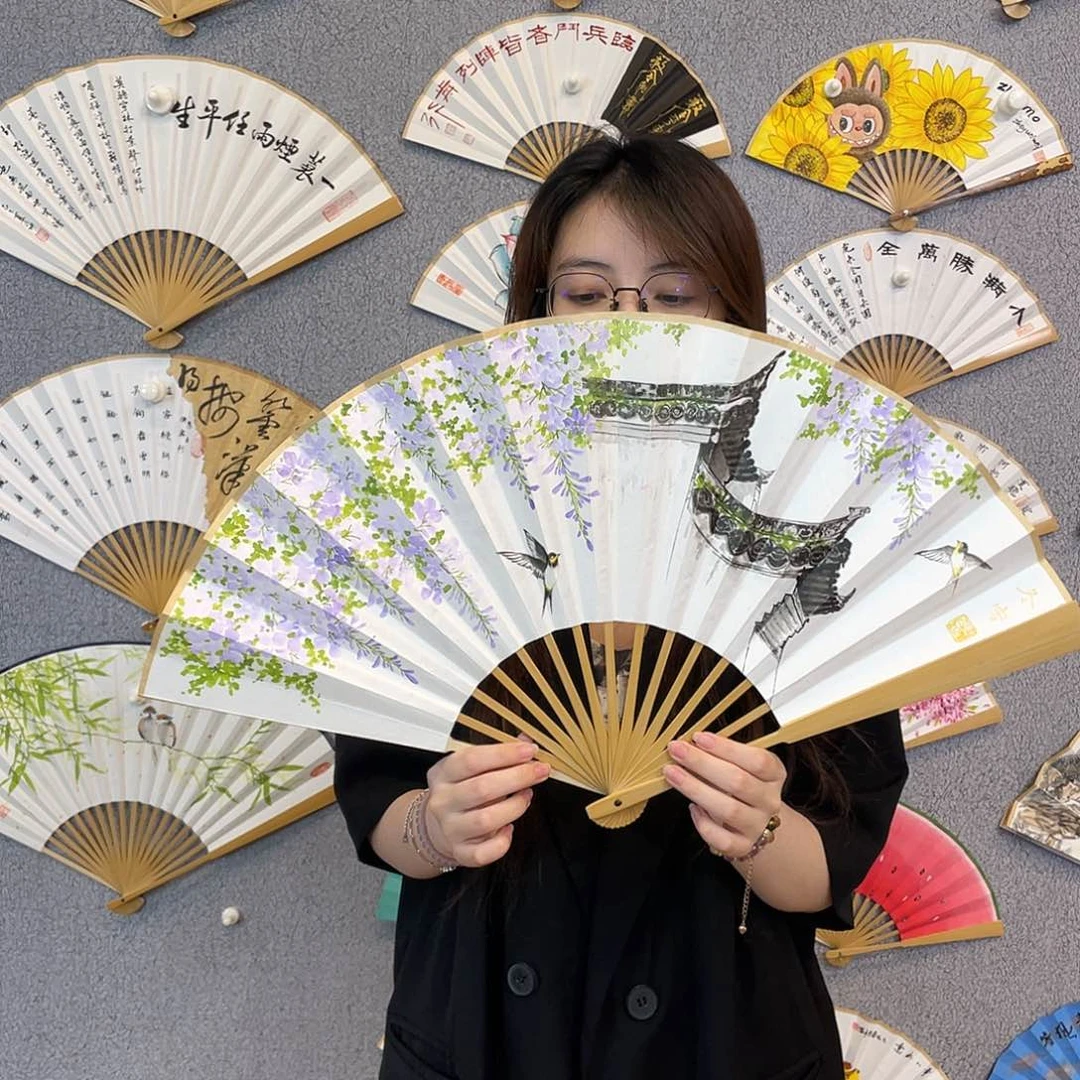 雨***️书法10寸玉竹-纯手绘-文玩扇骨（默认粘好）