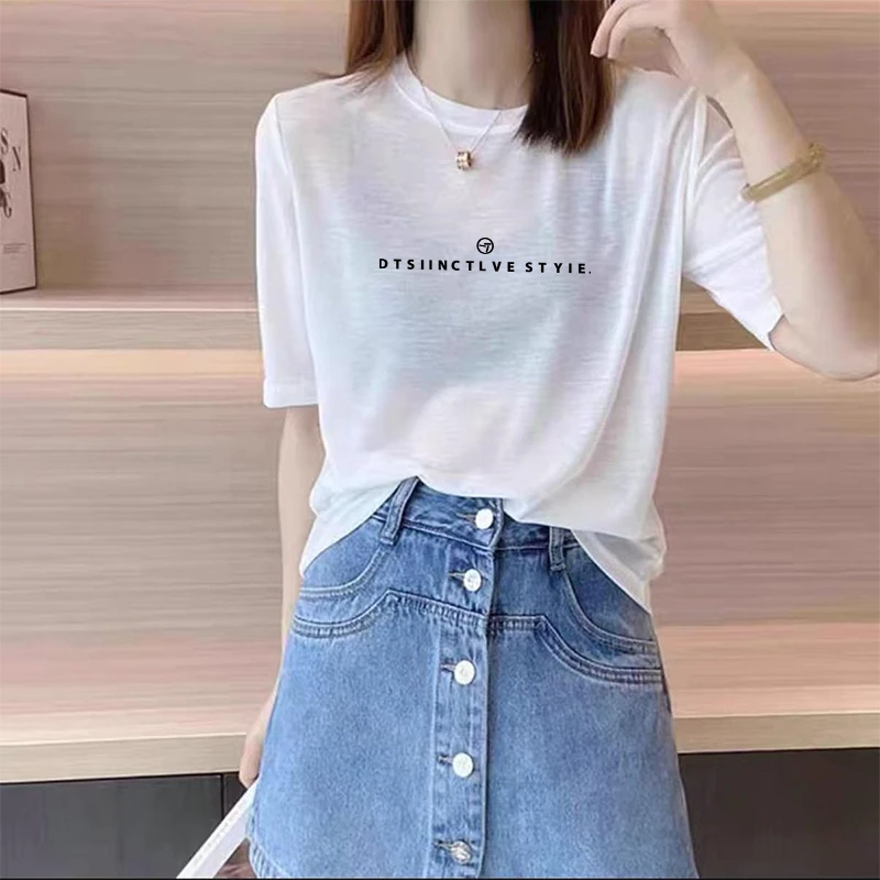 夏季新款雪花棉短袖t恤女士正肩通勤百搭上衣宽松胖mm大码体恤衫