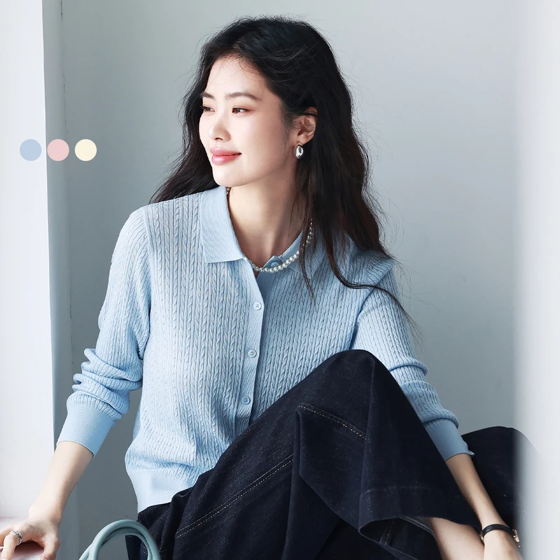 伊芙丽POLO领绞花亲肤桑蚕丝天丝棉针织开衫春通勤毛衫1G2930511