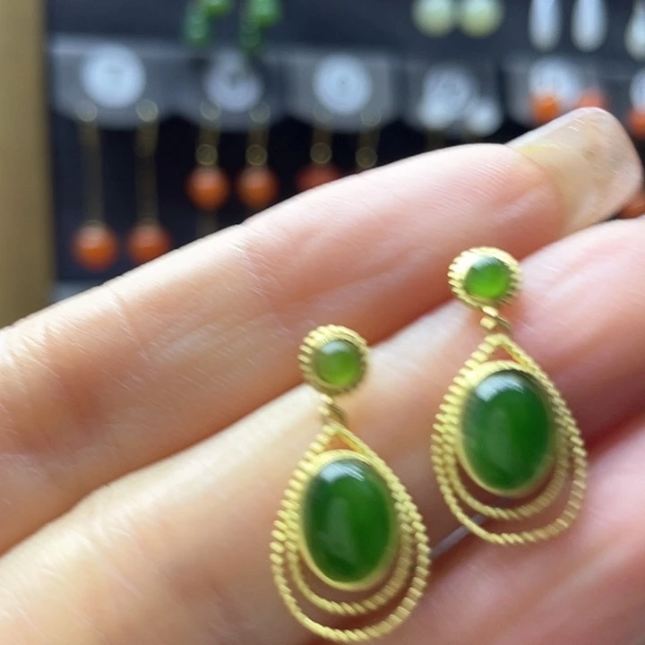 和田玉耳饰银S925镀金镶嵌