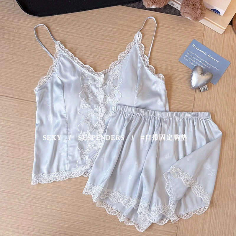 吊带睡衣女夏季薄款带胸垫性感蕾丝女生纯欲风家居服法式短裤套装