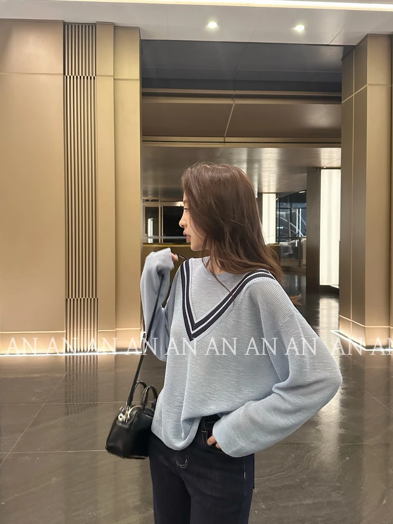 C07165秋季新款休闲宽松慵懒风显瘦套头长袖条纹针织衫