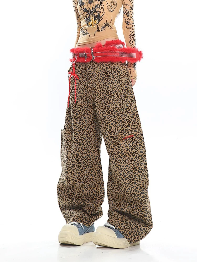 美式复古豹纹字母刺绣阔腿宽松工装弯刀休闲裤