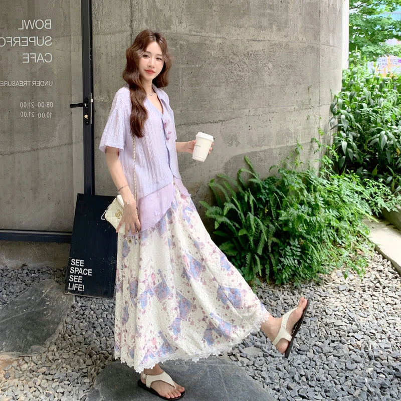 少女风紫色衬衫碎花半身裙套装女2025夏季新款ootd穿搭显瘦两件套