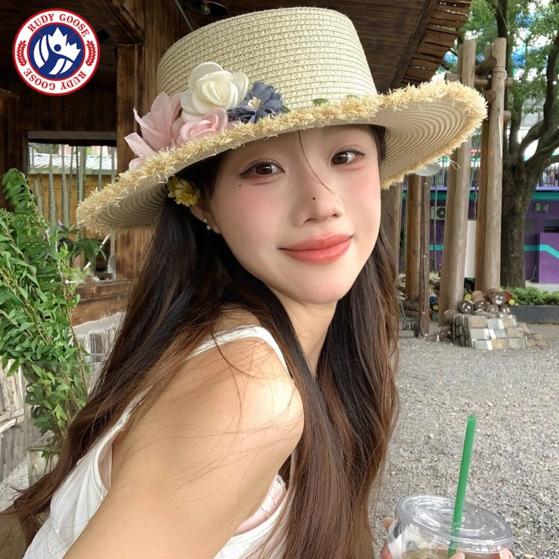 RUDY GOOSE法式花朵平顶拉菲草帽女夏季海边沙滩度假风遮阳防晒帽