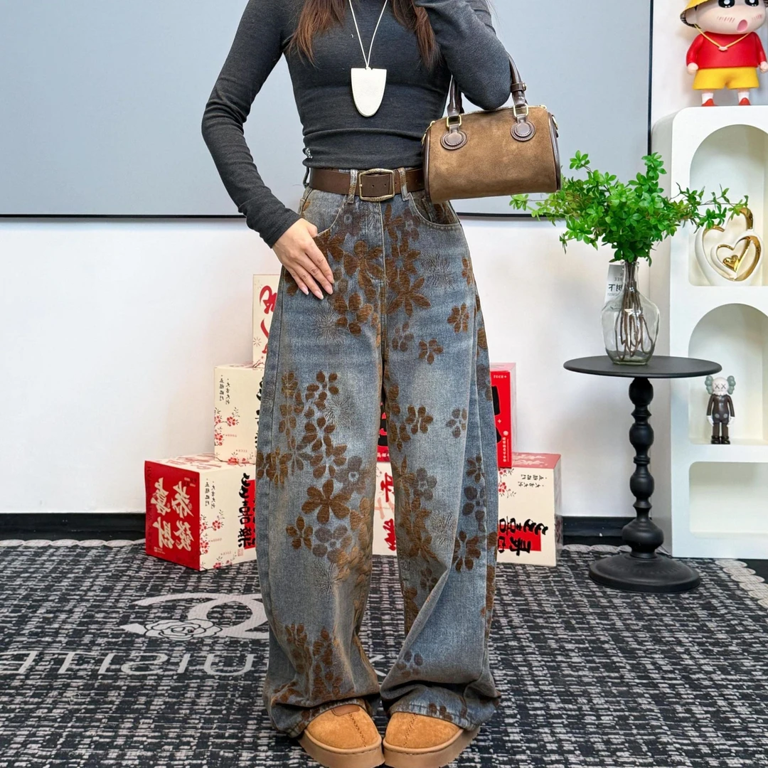 【加绒植绒】复古提花加绒弯刀阔腿牛仔裤女秋冬新款宽松裤子1688#