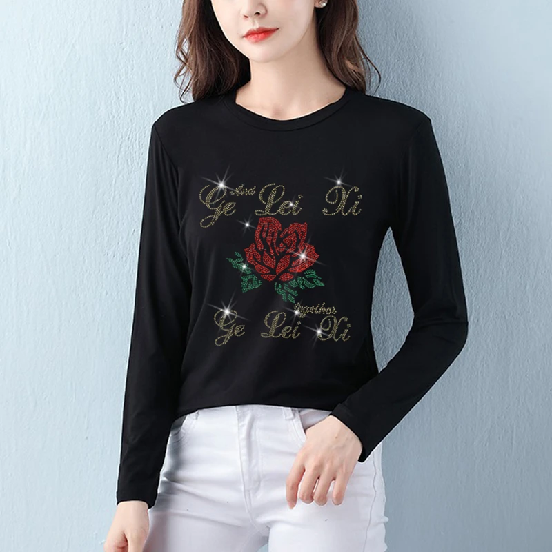 洋气烫钻长袖T恤女士秋冬新款大码中老年阔太太打底衫春秋妈妈装