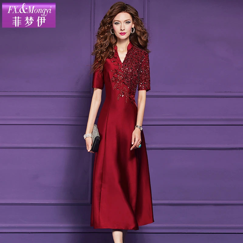 菲梦伊钉珠红色连衣裙女夏装新中式修身气质V领A字中长裙64278