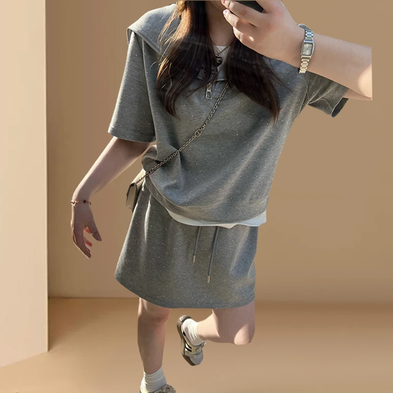 2025夏新款短袖洋气时尚气质T恤女小个子显瘦百搭裙子阔腿裤套装