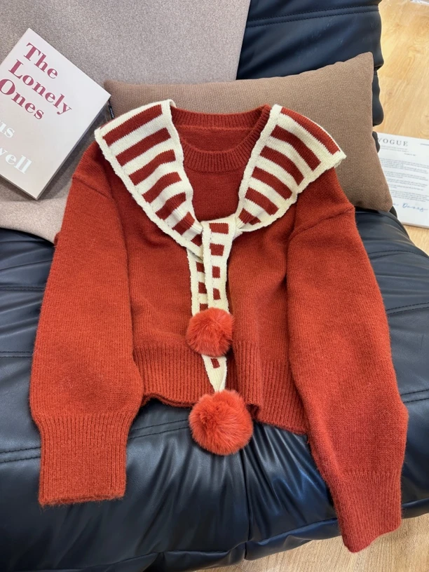 假两件条纹披肩针织衫安可拉红色毛衣女秋冬款圆领套头上衣女746