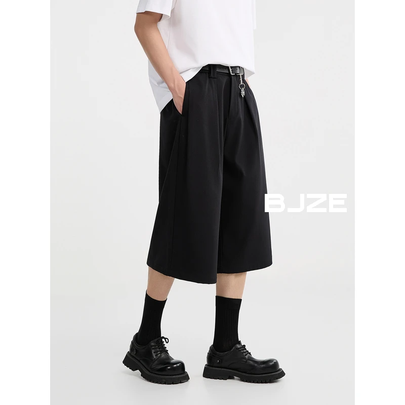 [宽松阔版设计]BJZE男装夏季休闲中裤高质感黑色百搭短裤L521267