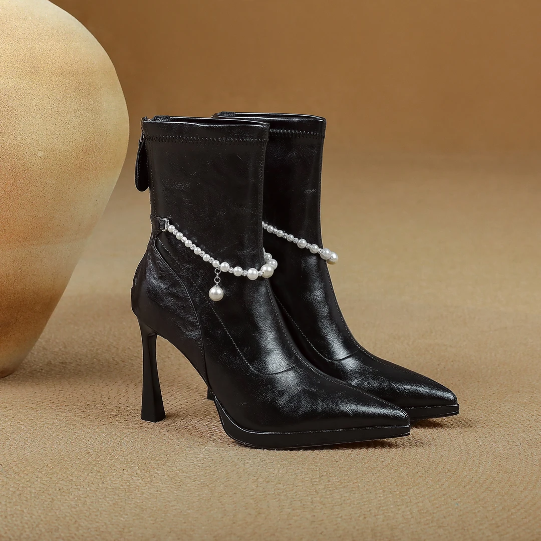 小个子手工女鞋10cm~细跟单靴短筒时装靴不累脚羊皮弹力瘦瘦靴女