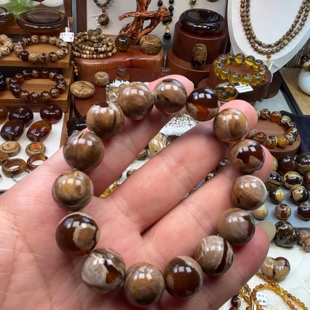 琥珀未镶嵌手串同料根珀溶洞妖花卡14