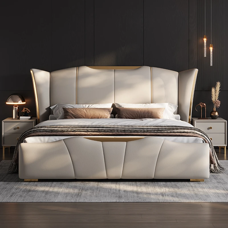 极简轻奢风头层牛皮床主卧床储物床现代轻奢风格主次卧高端大床